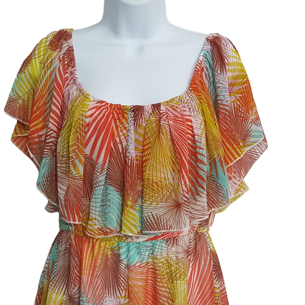 Love Fire Womens Dress M Ruffle Sleeveless Tropical Orange Yellow Print Elastic